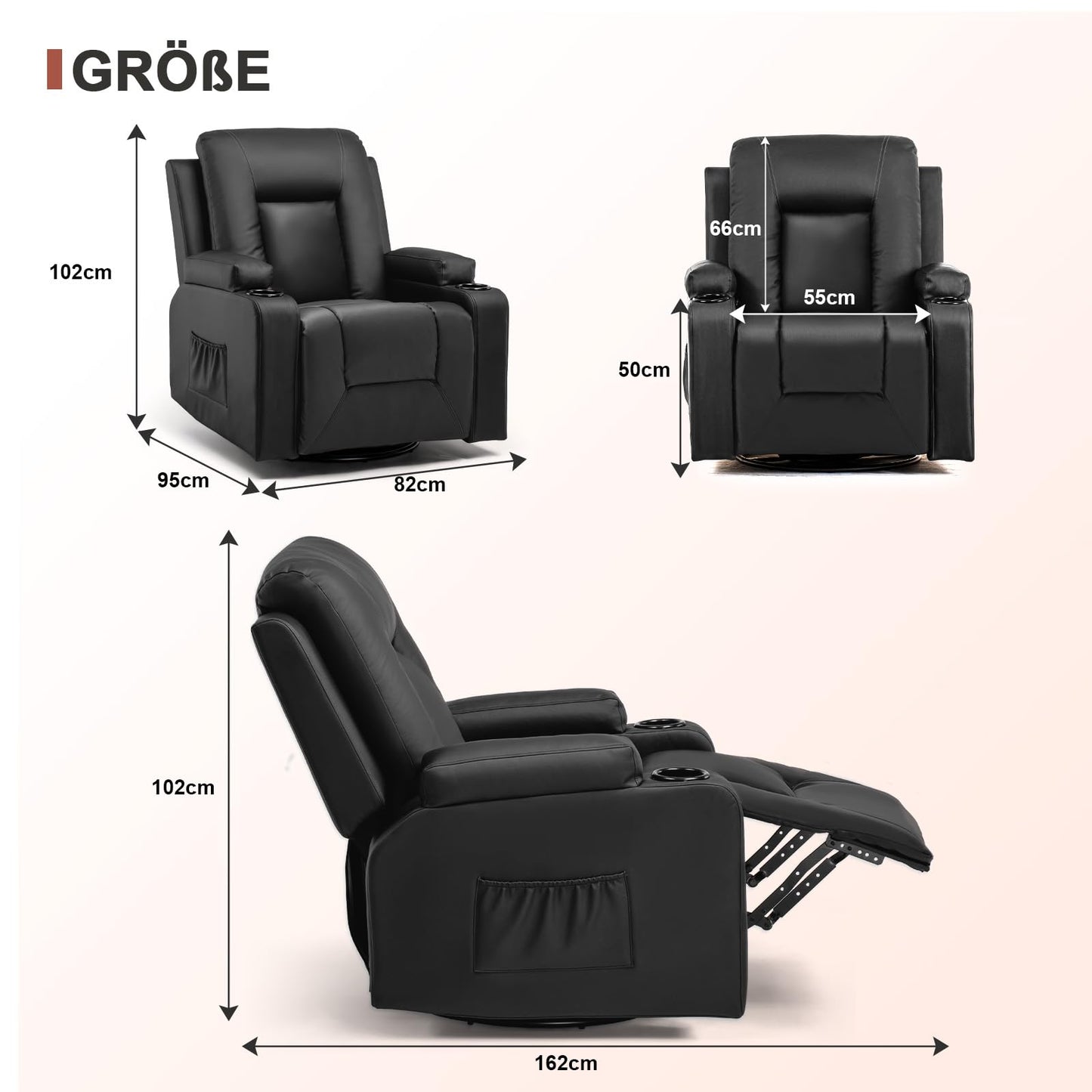 LUCKRACER Relaxsessel – 360° drehbarer Fernsehsessel mit Liegefunktion & Fußstütze, PU-Leder, Getränkehalter & 2 Seitentaschen, Schwarz.