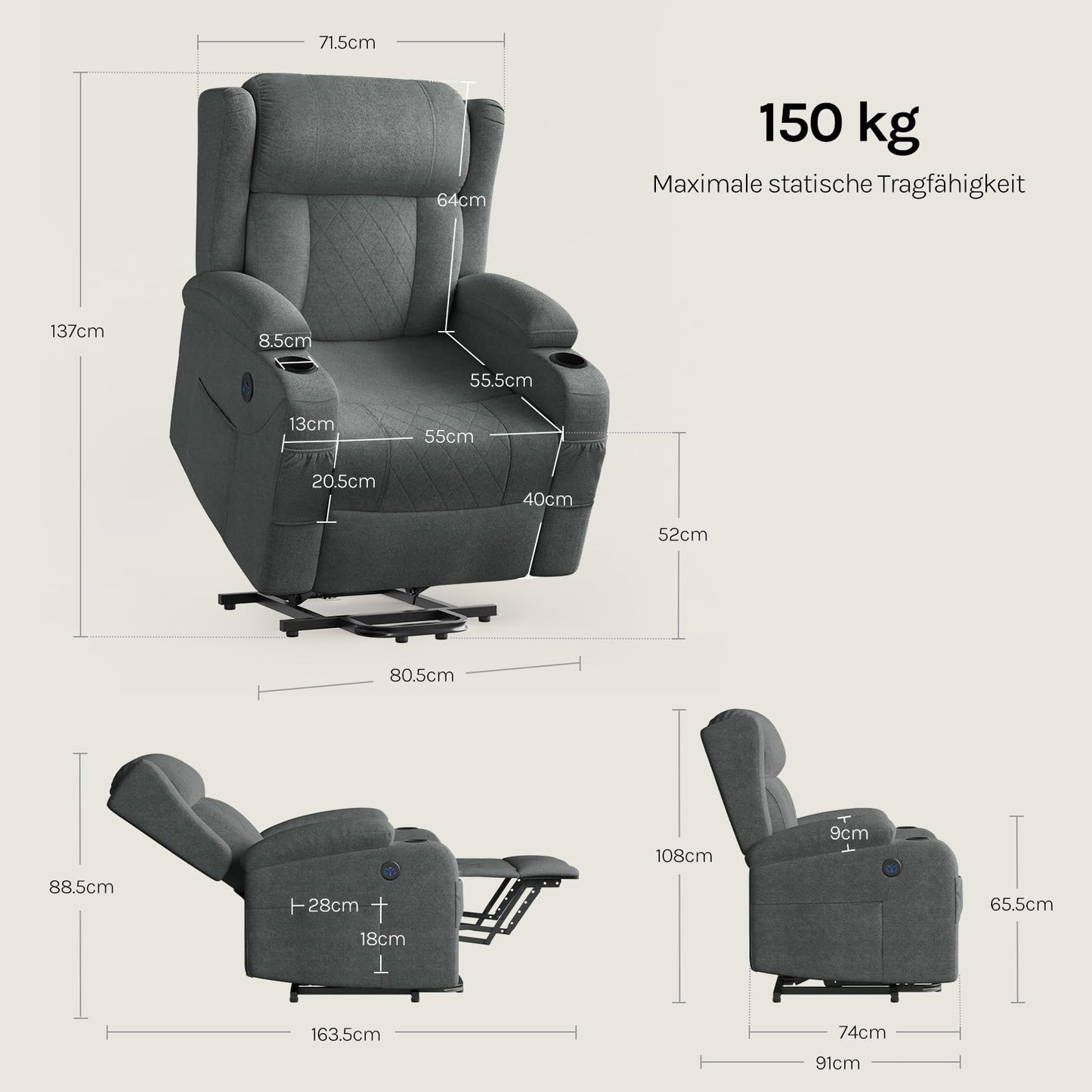 WOLTU Elektrischer Massagesessel mit Liegefunktion, Heizung, Aufstehhilfe, Fußstütze, Taschen, Becherhalter, USB-Port, Grau, Frottee.