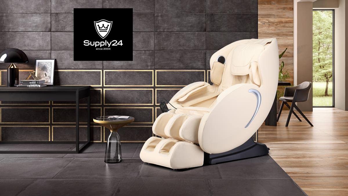 Luxus Shiatsu Massagesessel F5000 Zero Gravity Leder cremeweiß, mit Rollentechnik, Heizung, Armmassage, moderner TV-Ledersessel.