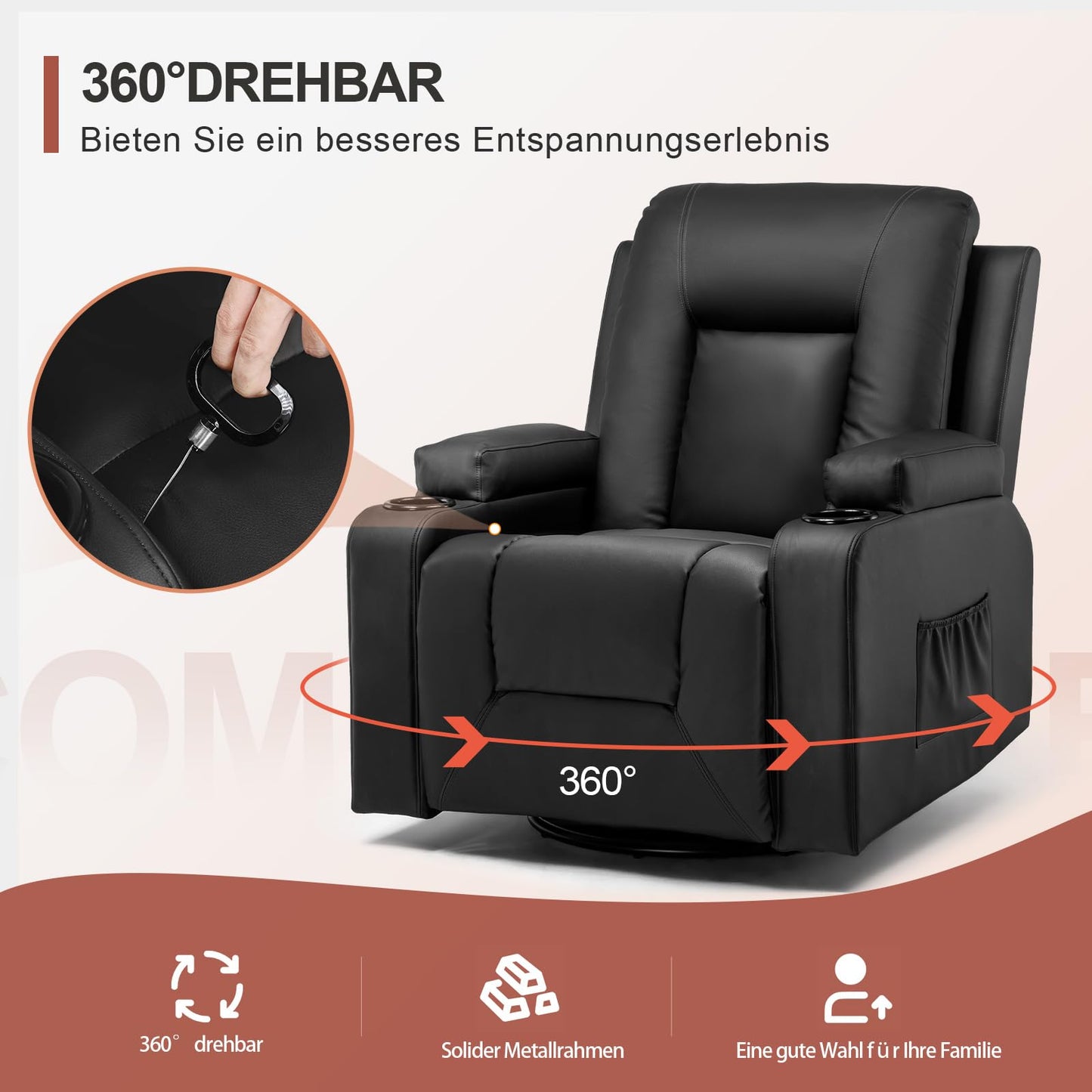 LUCKRACER Relaxsessel – 360° drehbarer Fernsehsessel mit Liegefunktion & Fußstütze, PU-Leder, Getränkehalter & 2 Seitentaschen, Schwarz.