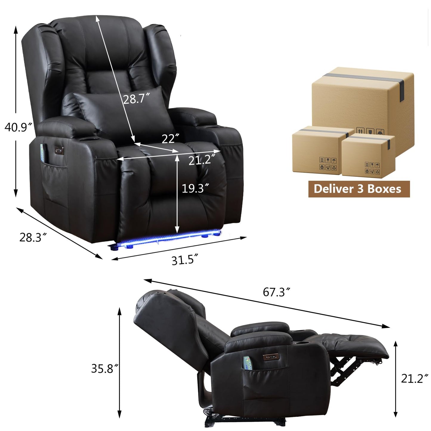 Oprisen Elektrischer Kunstleder-Relaxsessel mit Massage, Wärme, Liegefunktion, bis 150 kg, moderner schwarzer Fernsehsessel.