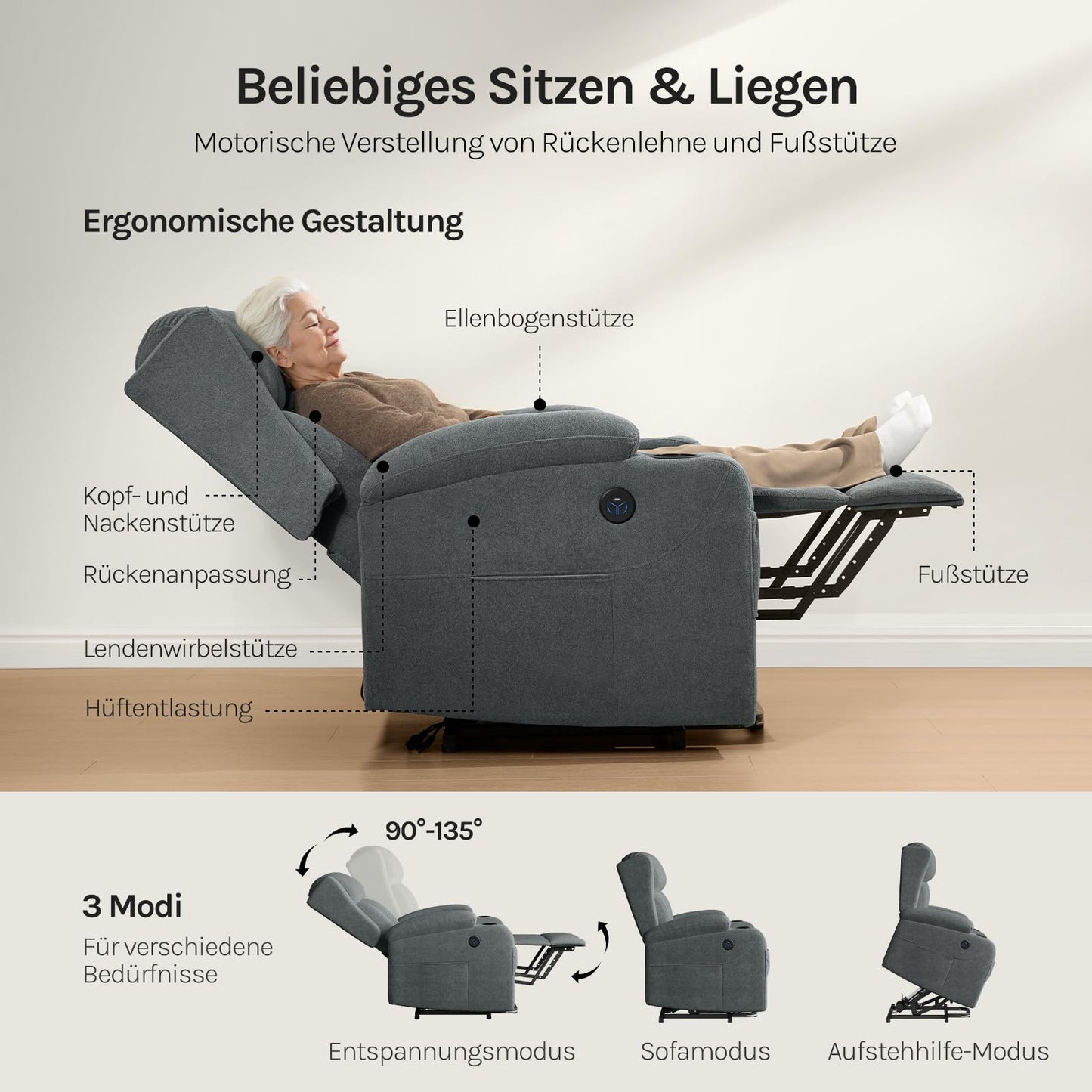 WOLTU Elektrischer Massagesessel mit Liegefunktion, Heizung, Aufstehhilfe, Fußstütze, Taschen, Becherhalter, USB-Port, Grau, Frottee.