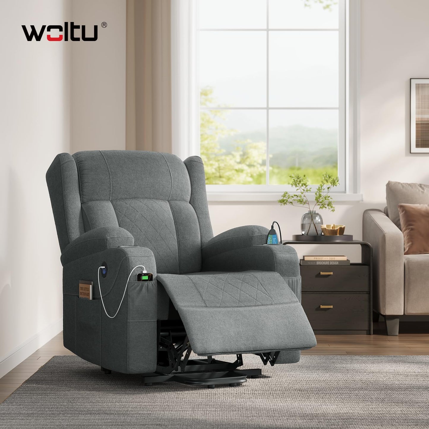 WOLTU Elektrischer Massagesessel mit Liegefunktion, Heizung, Aufstehhilfe, Fußstütze, Taschen, Becherhalter, USB-Port, Grau, Frottee.