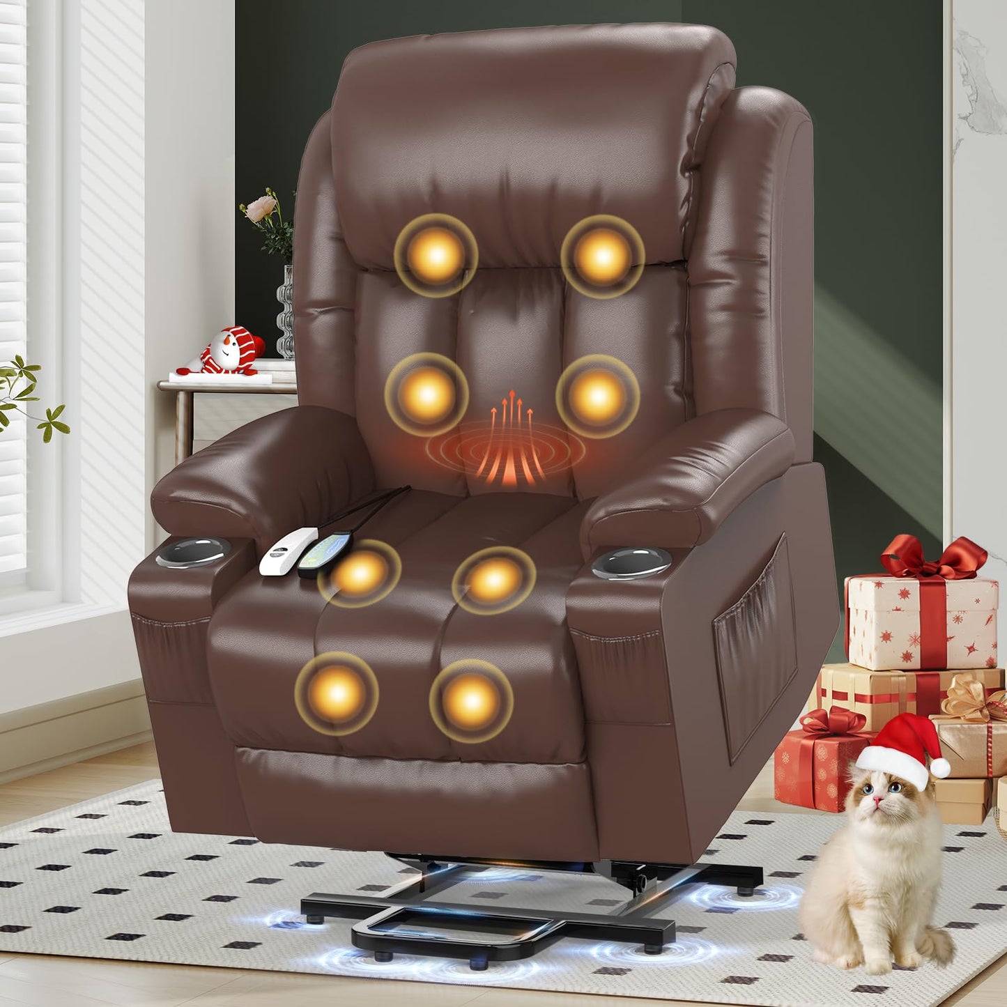 YONISEE Elektrischer Massagesessel mit Aufstehhilfe, Heizung, Massage, USB/Typ-C, Getränkehalter, 4 Taschen, Relaxsessel fürs Wohnzimmer.
