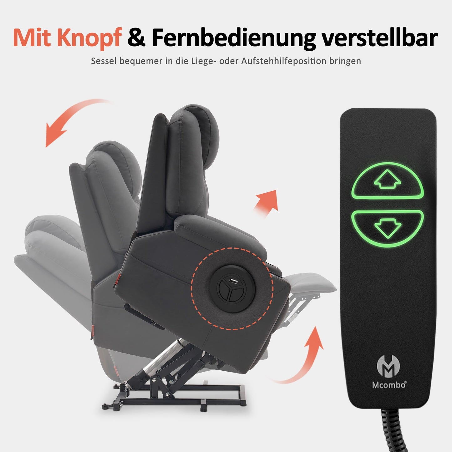 M MCombo Elektrischer Fernsehsessel mit Aufstehhilfe, Wärme- & Massagefunktion, Liege bis 140°, USB, Knopfsteuerung, Mikrofaser Grau.