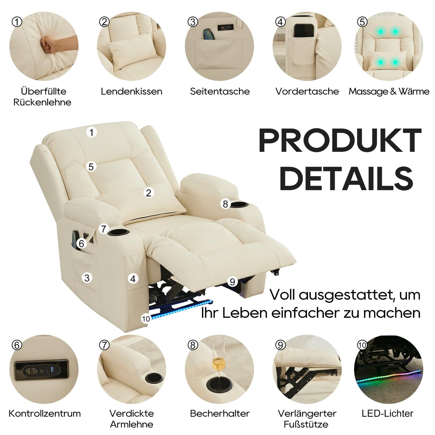 SITURAY Elektrischer Relaxsessel mit Massage, Wärme, Liegefunktion, LED, USB, Kunstleder, bis 150 kg, Fernsehsessel Beige fürs Wohnzimmer.