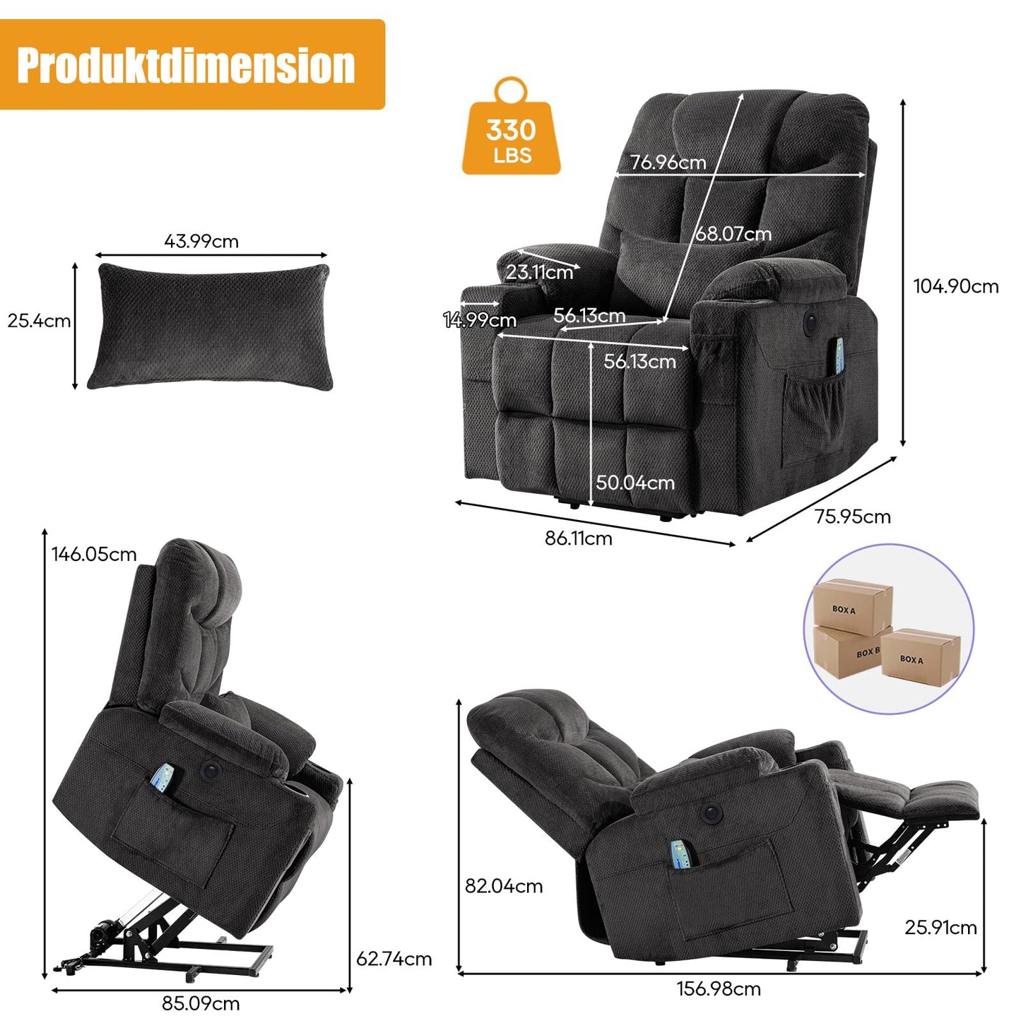 YONISEE Elektrischer Massagesessel mit Aufstehhilfe, Heizung, Massage, USB/Typ-C, Getränkehalter, 4 Taschen, Relaxsessel für Wohnzimmer.
