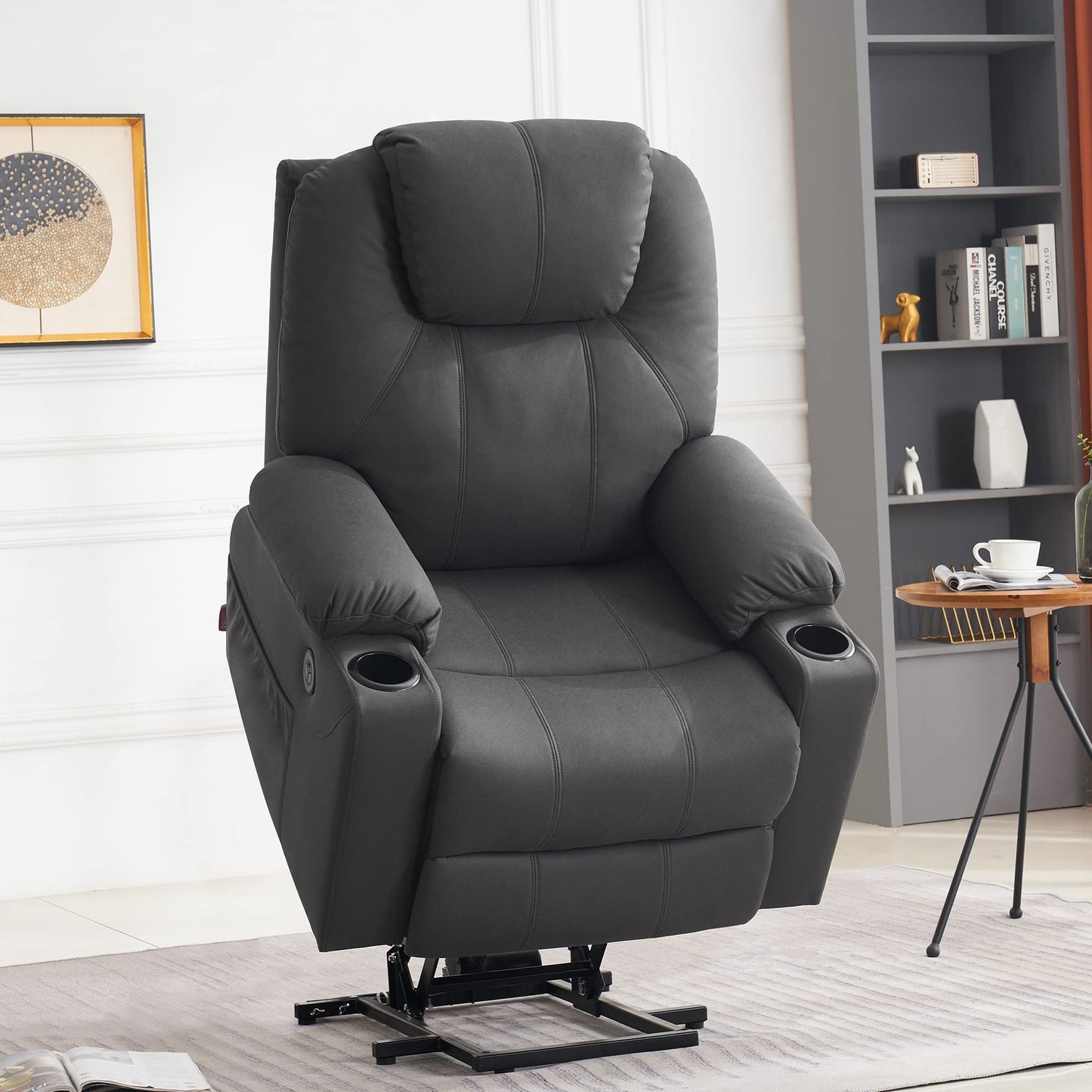 M MCombo Elektrischer Fernsehsessel mit Aufstehhilfe, Wärme- & Massagefunktion, Liege bis 140°, USB, Knopfsteuerung, Mikrofaser Grau.
