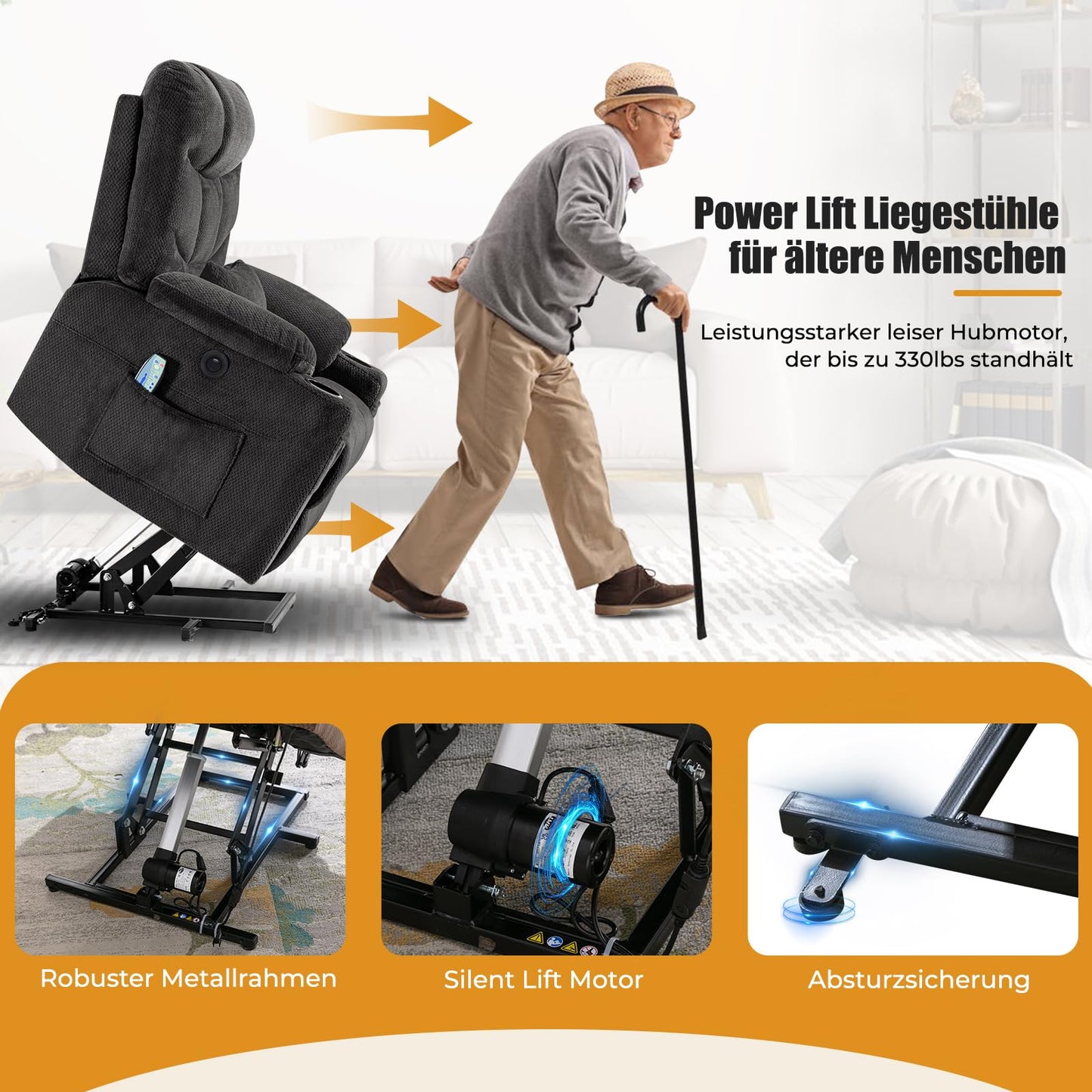 YONISEE Elektrischer Massagesessel mit Aufstehhilfe, Heizung, Massage, USB/Typ-C, Getränkehalter, 4 Taschen, Relaxsessel für Wohnzimmer.