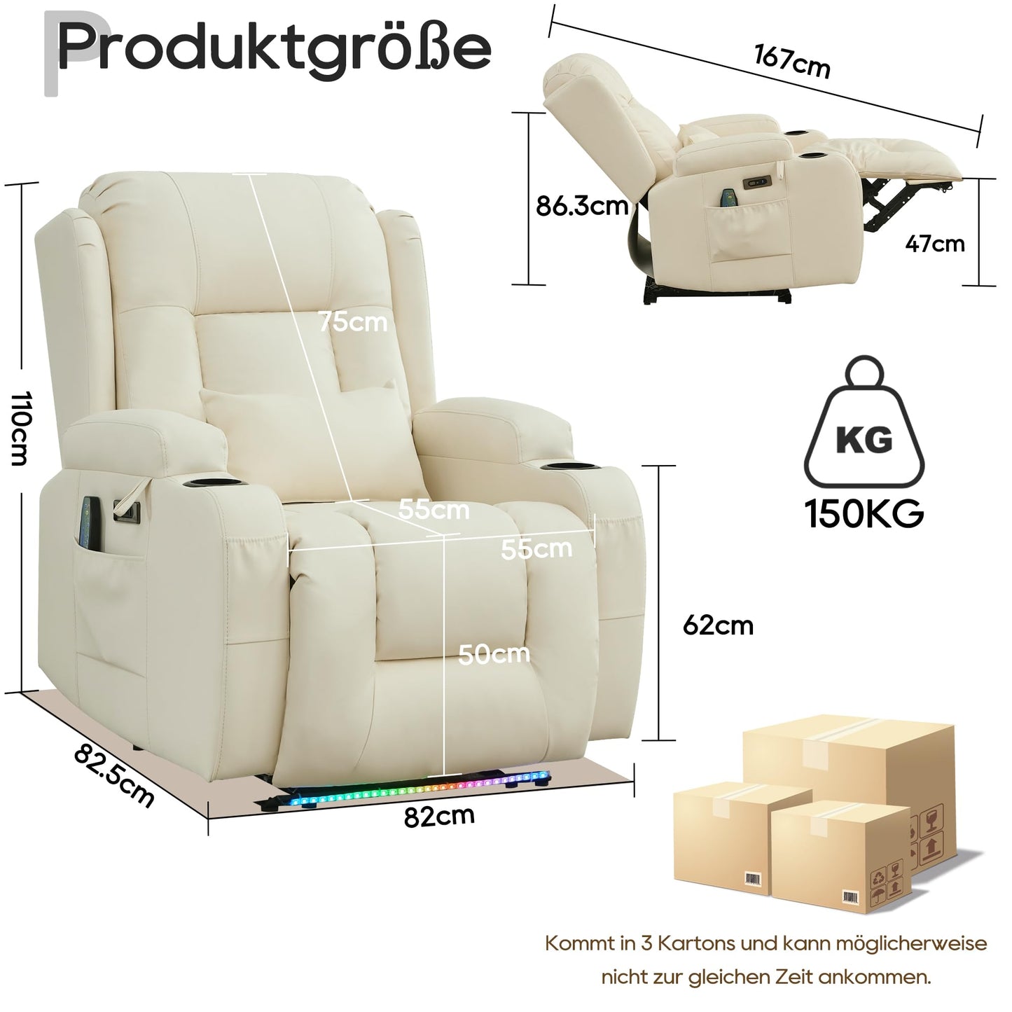 SITURAY Elektrischer Relaxsessel mit Massage, Wärme, Liegefunktion, LED, USB, Kunstleder, bis 150 kg, Fernsehsessel Beige fürs Wohnzimmer.