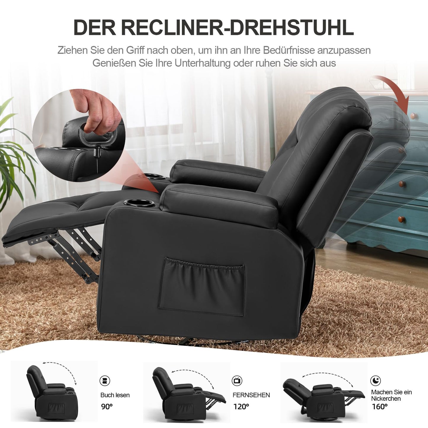 LUCKRACER Relaxsessel – 360° drehbarer Fernsehsessel mit Liegefunktion & Fußstütze, PU-Leder, Getränkehalter & 2 Seitentaschen, Schwarz.