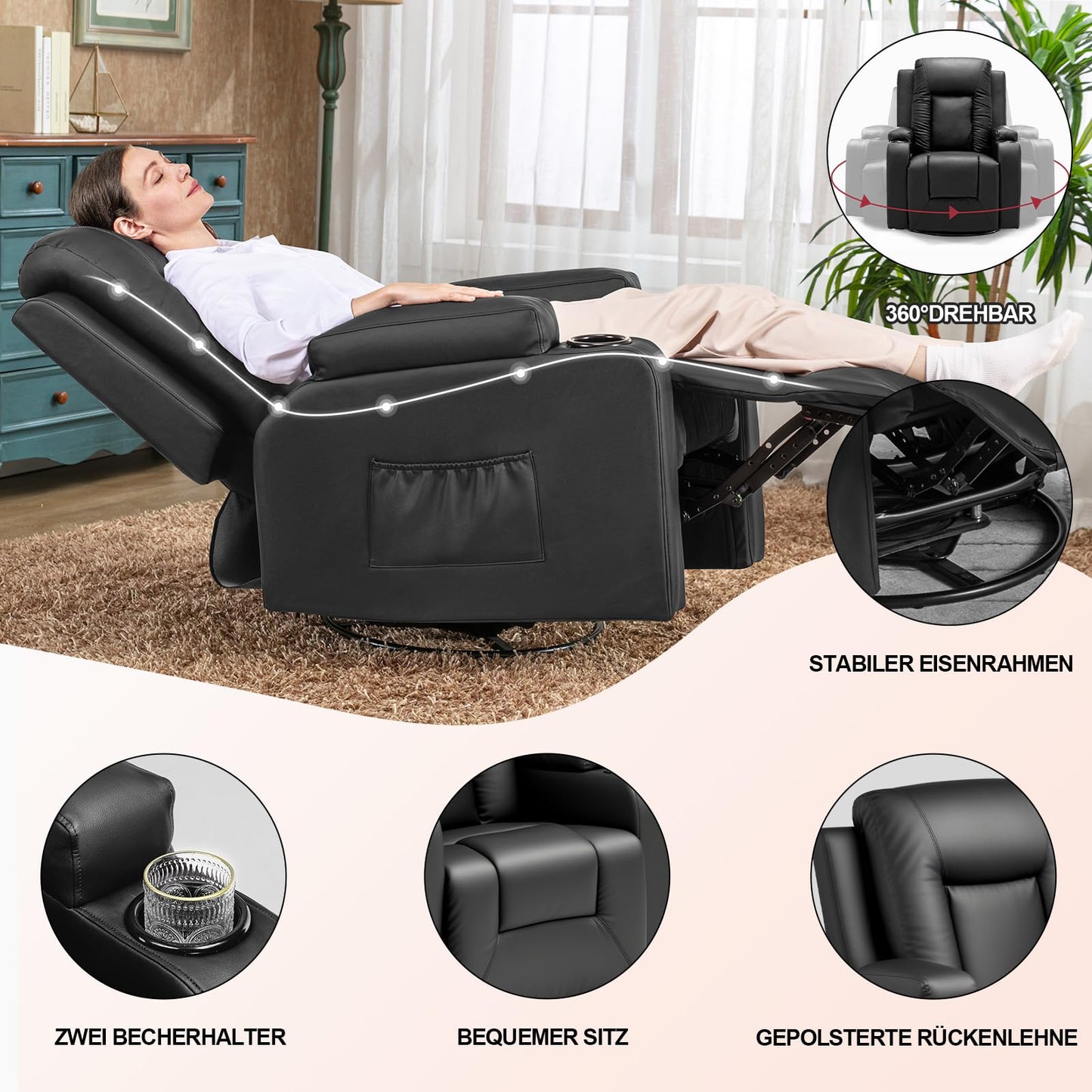 LUCKRACER Relaxsessel – 360° drehbarer Fernsehsessel mit Liegefunktion & Fußstütze, PU-Leder, Getränkehalter & 2 Seitentaschen, Schwarz.