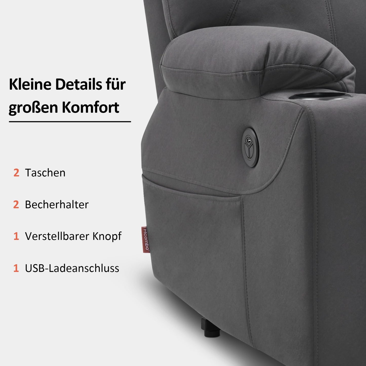 M MCombo Elektrischer Fernsehsessel mit Aufstehhilfe, Wärme- & Massagefunktion, Liege bis 140°, USB, Knopfsteuerung, Mikrofaser Grau.
