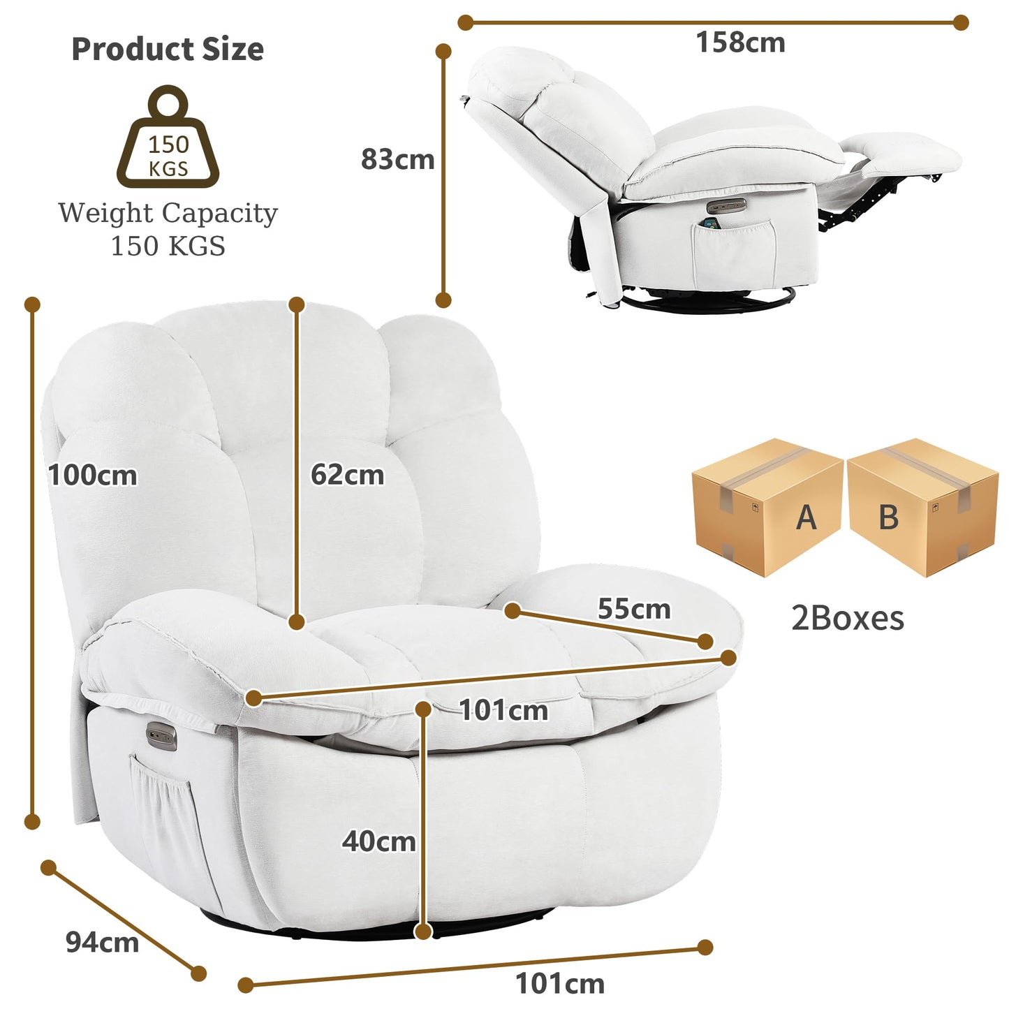LONXIU Elektrischer Relaxsessel mit Heizung, Massage, USB, verstellbarer Rückenlehne & Fußstütze, Fernsehsessel für Wohnzimmer, Weiß.