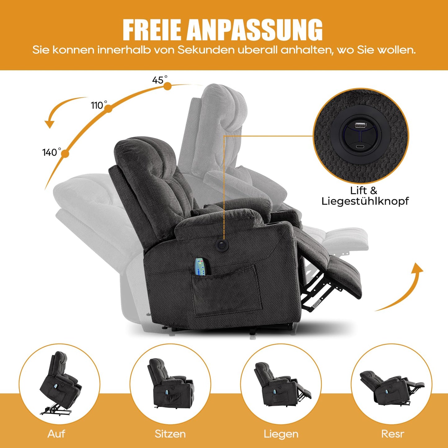 YONISEE Elektrischer Massagesessel mit Aufstehhilfe, Heizung, Massage, USB/Typ-C, Getränkehalter, 4 Taschen, Relaxsessel für Wohnzimmer.