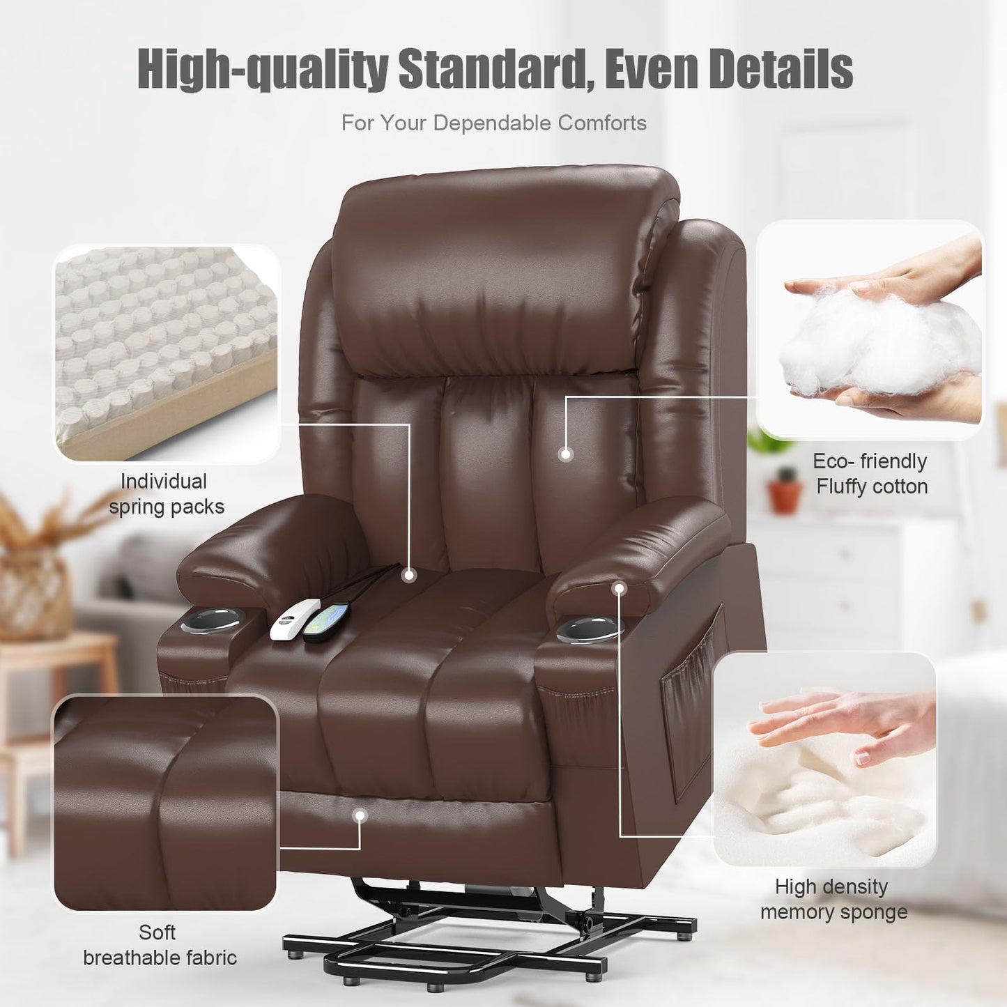 YONISEE Elektrischer Massagesessel mit Aufstehhilfe, Heizung, Massage, USB/Typ-C, Getränkehalter, 4 Taschen, Relaxsessel fürs Wohnzimmer.
