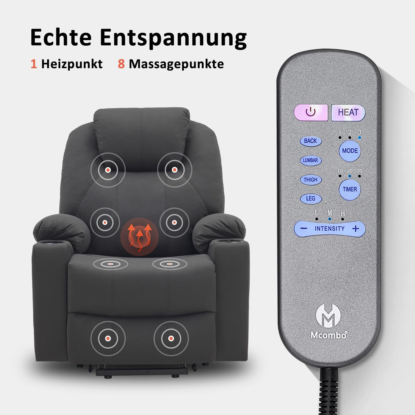 M MCombo Elektrischer Fernsehsessel mit Aufstehhilfe, Wärme- & Massagefunktion, Liege bis 140°, USB, Knopfsteuerung, Mikrofaser Grau.