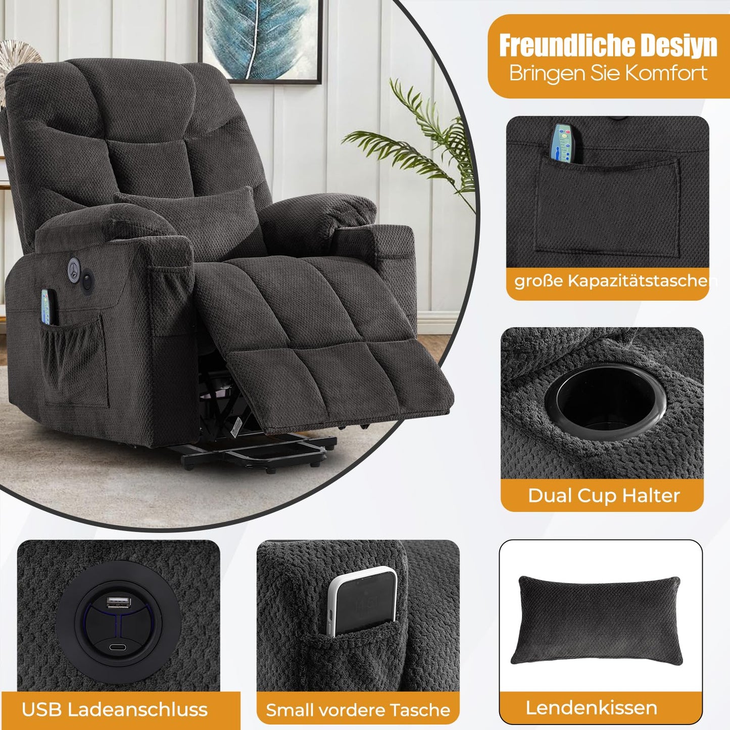YONISEE Elektrischer Massagesessel mit Aufstehhilfe, Heizung, Massage, USB/Typ-C, Getränkehalter, 4 Taschen, Relaxsessel für Wohnzimmer.
