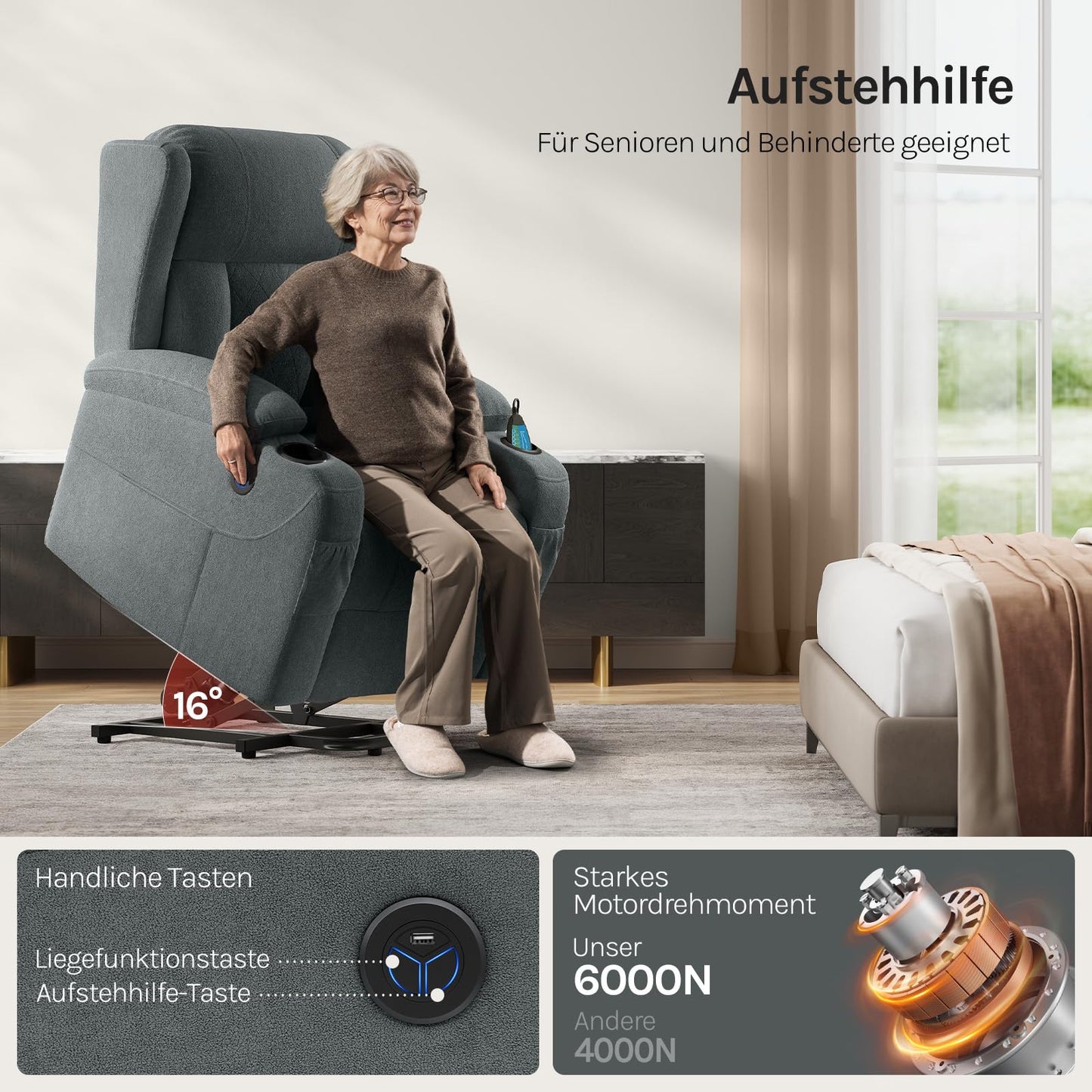 WOLTU Elektrischer Massagesessel mit Liegefunktion, Heizung, Aufstehhilfe, Fußstütze, Taschen, Becherhalter, USB-Port, Grau, Frottee.