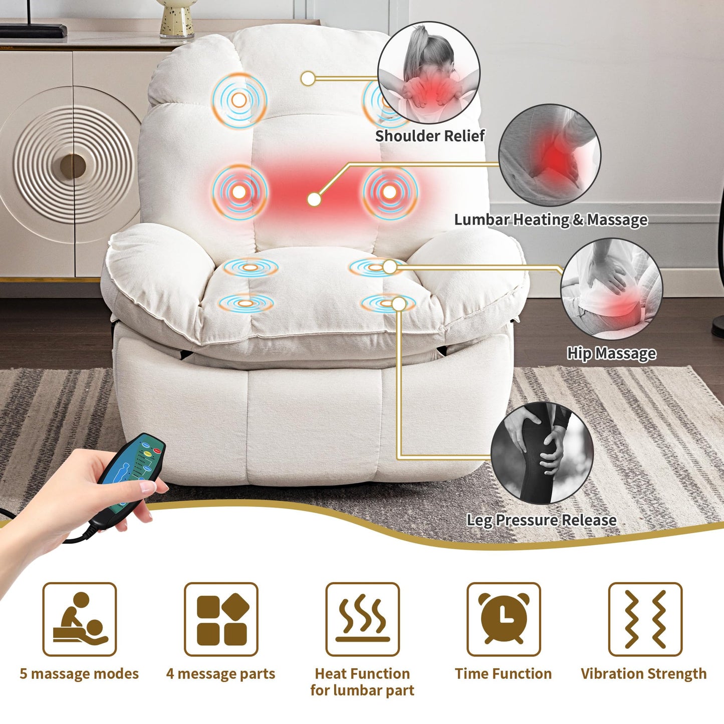 LONXIU Elektrischer Relaxsessel mit Heizung, Massage, USB, verstellbarer Rückenlehne & Fußstütze, Fernsehsessel für Wohnzimmer, Weiß.
