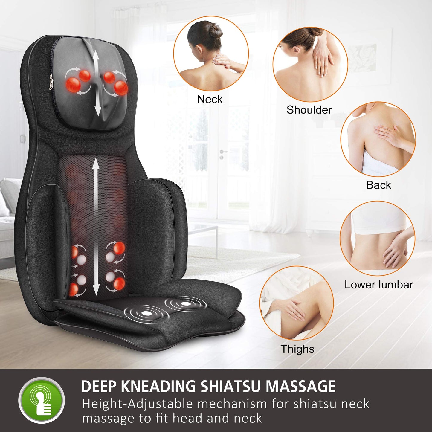 Snailax Shiatsu Massagesitzauflage mit Wärme, Ganzkörpermassage, Kompression, Kneten, Vibration – elektrisch für Rücken & Nacken.