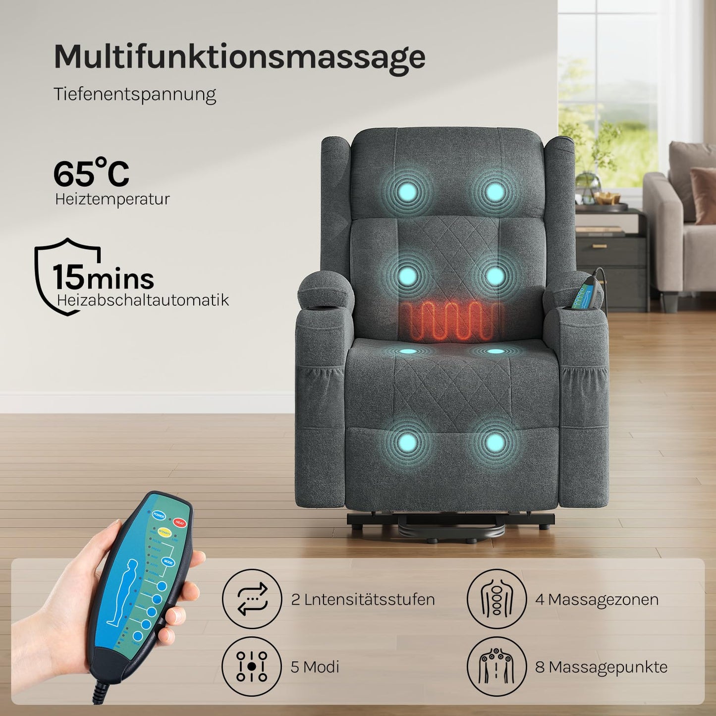 WOLTU Elektrischer Massagesessel mit Liegefunktion, Heizung, Aufstehhilfe, Fußstütze, Taschen, Becherhalter, USB-Port, Grau, Frottee.