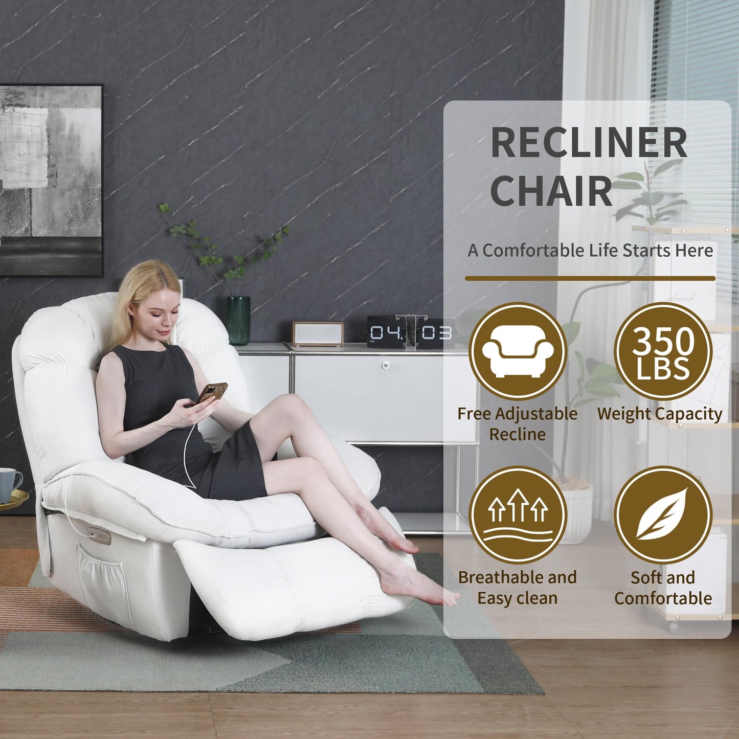LONXIU Elektrischer Relaxsessel mit Heizung, Massage, USB, verstellbarer Rückenlehne & Fußstütze, Fernsehsessel für Wohnzimmer, Weiß.
