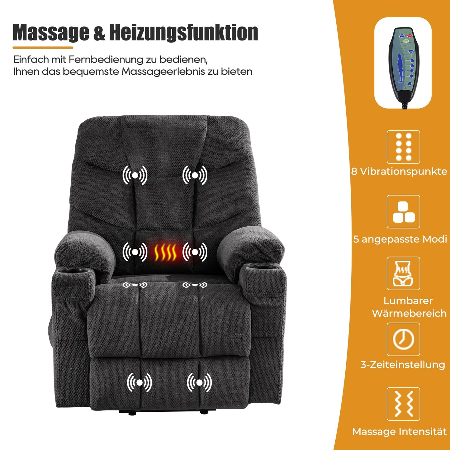 YONISEE Elektrischer Massagesessel mit Aufstehhilfe, Heizung, Massage, USB/Typ-C, Getränkehalter, 4 Taschen, Relaxsessel für Wohnzimmer.