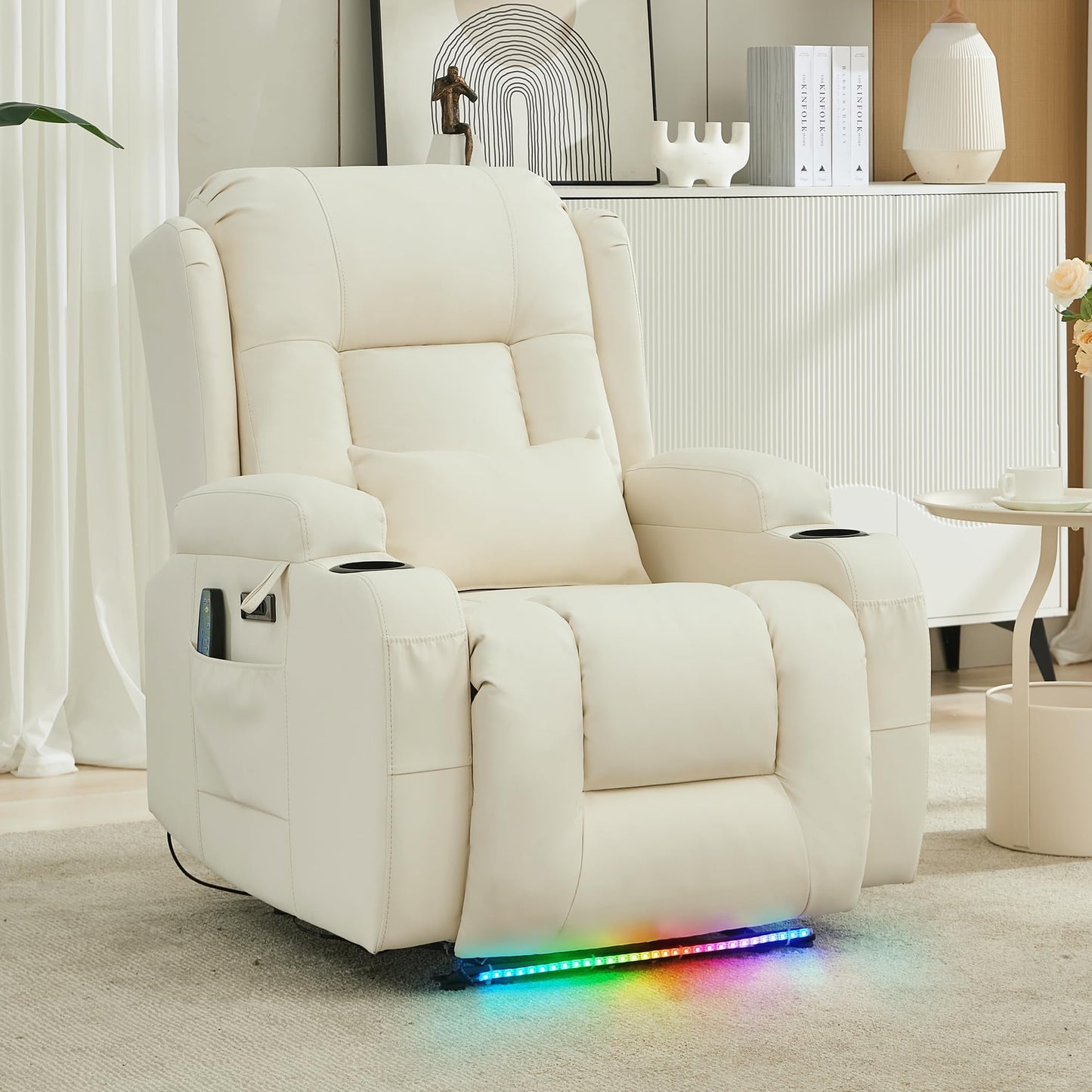 SITURAY Elektrischer Relaxsessel mit Massage, Wärme, Liegefunktion, LED, USB, Kunstleder, bis 150 kg, Fernsehsessel Beige fürs Wohnzimmer.