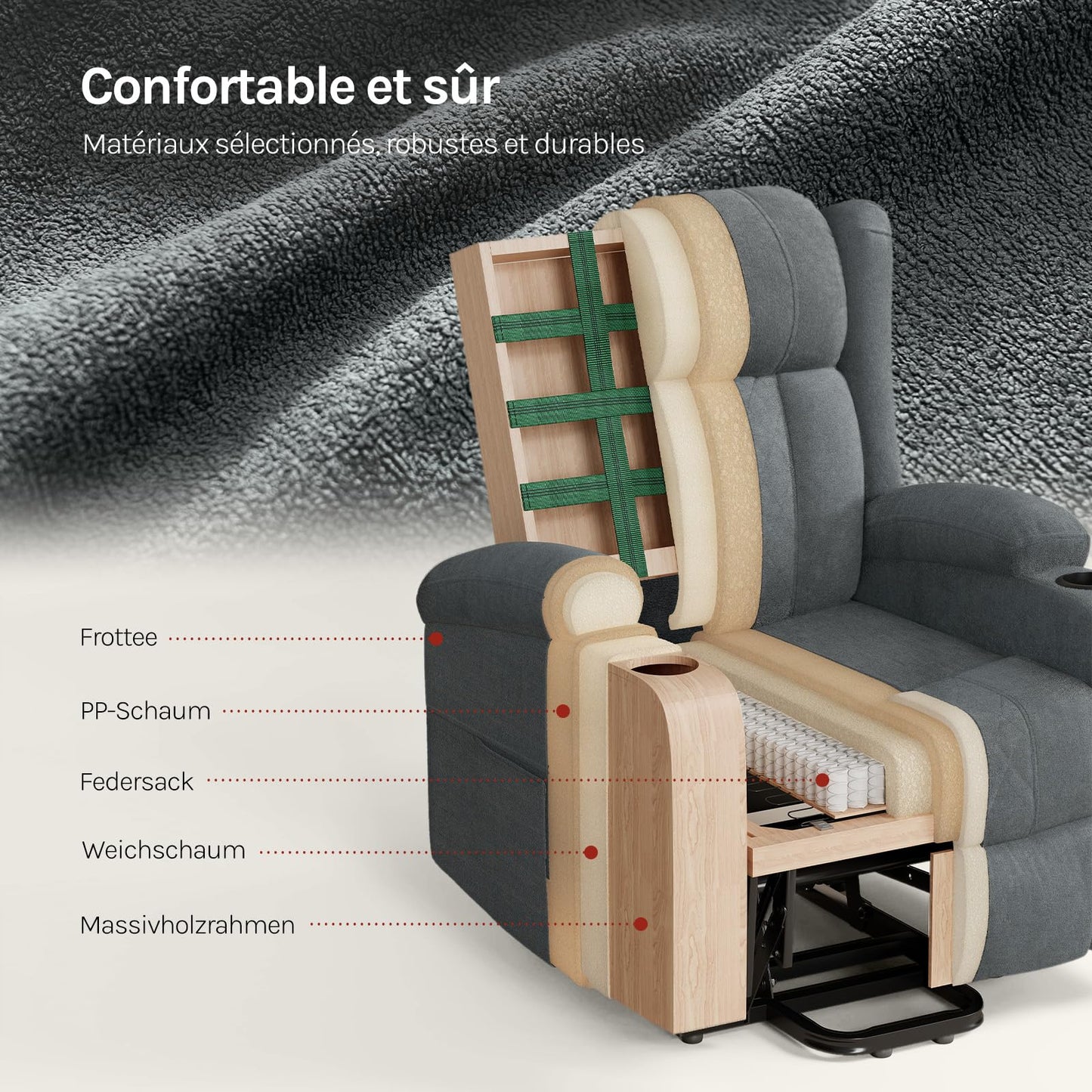 WOLTU Elektrischer Massagesessel mit Liegefunktion, Heizung, Aufstehhilfe, Fußstütze, Taschen, Becherhalter, USB-Port, Grau, Frottee.