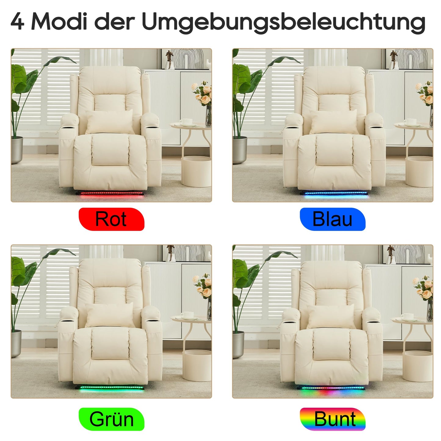 SITURAY Elektrischer Relaxsessel mit Massage, Wärme, Liegefunktion, LED, USB, Kunstleder, bis 150 kg, Fernsehsessel Beige fürs Wohnzimmer.