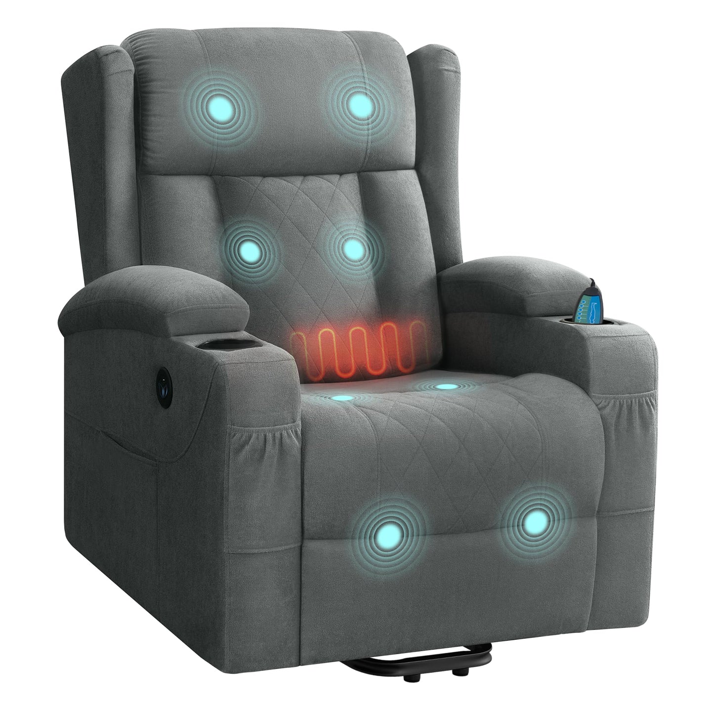 WOLTU Elektrischer Massagesessel mit Liegefunktion, Heizung, Aufstehhilfe, Fußstütze, Taschen, Becherhalter, USB-Port, Grau, Frottee.
