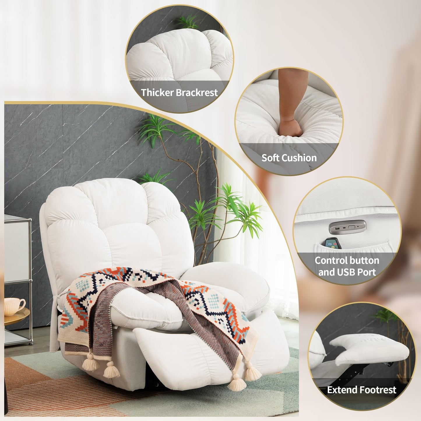 LONXIU Elektrischer Relaxsessel mit Heizung, Massage, USB, verstellbarer Rückenlehne & Fußstütze, Fernsehsessel für Wohnzimmer, Weiß.