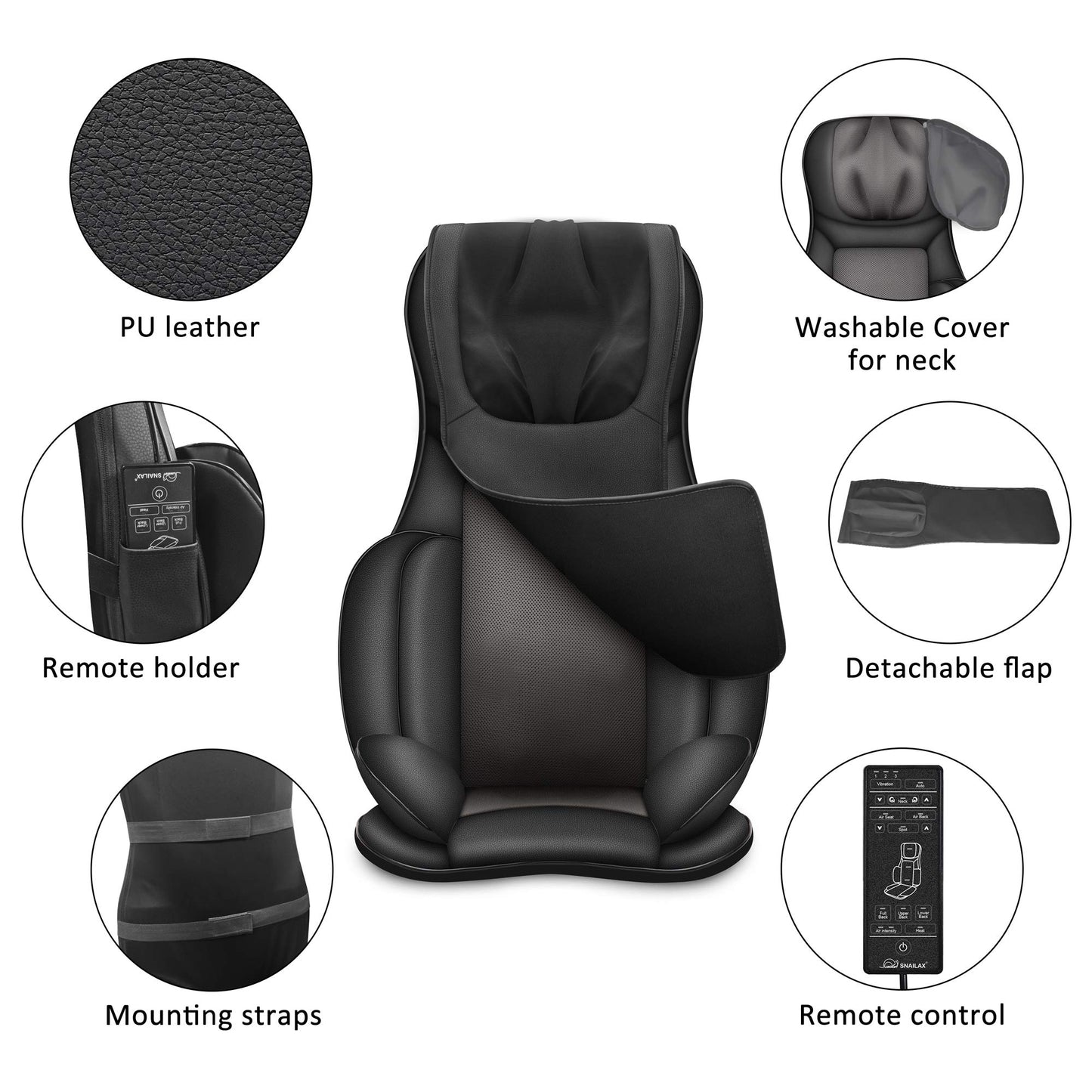 Snailax Shiatsu Massagesitzauflage mit Wärme, Ganzkörpermassage, Kompression, Kneten, Vibration – elektrisch für Rücken & Nacken.
