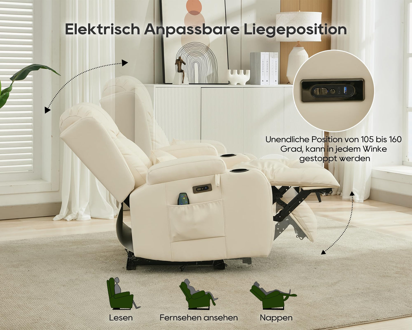 SITURAY Elektrischer Relaxsessel mit Massage, Wärme, Liegefunktion, LED, USB, Kunstleder, bis 150 kg, Fernsehsessel Beige fürs Wohnzimmer.