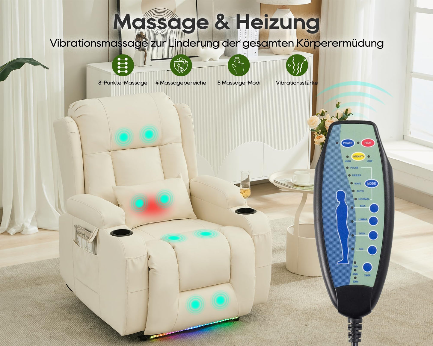 SITURAY Elektrischer Relaxsessel mit Massage, Wärme, Liegefunktion, LED, USB, Kunstleder, bis 150 kg, Fernsehsessel Beige fürs Wohnzimmer.