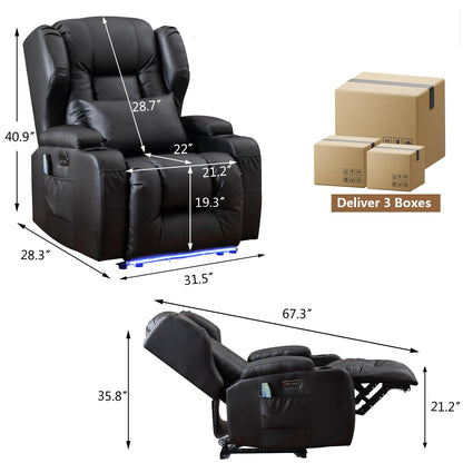 Oprisen Elektrischer Kunstleder-Relaxsessel mit Massage, Wärme, Liegefunktion, bis 150 kg, moderner schwarzer Fernsehsessel.
