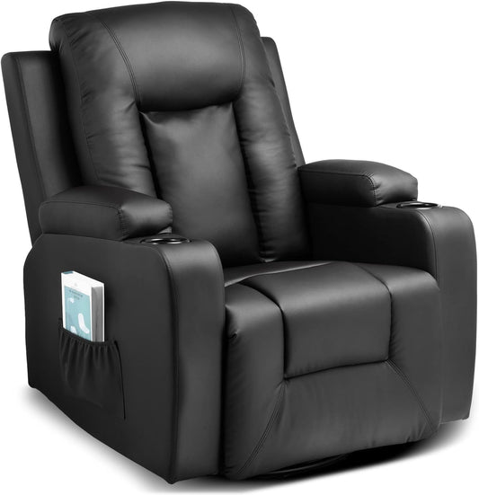 LUCKRACER Relaxsessel – 360° drehbarer Fernsehsessel mit Liegefunktion & Fußstütze, PU-Leder, Getränkehalter & 2 Seitentaschen, Schwarz.