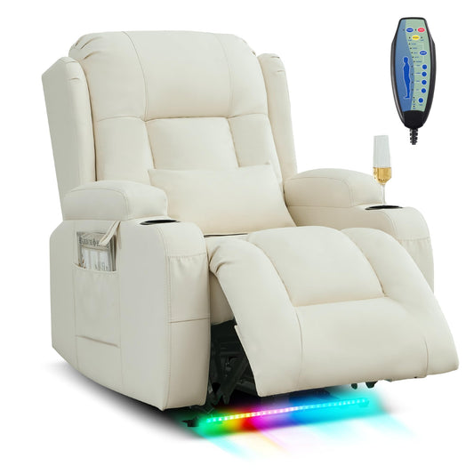 SITURAY Elektrischer Relaxsessel mit Massage, Wärme, Liegefunktion, LED, USB, Kunstleder, bis 150 kg, Fernsehsessel Beige fürs Wohnzimmer.