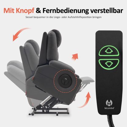 M MCombo Elektrischer Fernsehsessel mit Aufstehhilfe, Wärme- & Massagefunktion, Liege bis 140°, USB, Knopfsteuerung, Mikrofaser Grau.