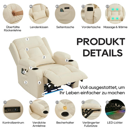 SITURAY Elektrischer Relaxsessel mit Massage, Wärme, Liegefunktion, LED, USB, Kunstleder, bis 150 kg, Fernsehsessel Beige fürs Wohnzimmer.