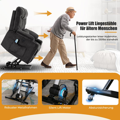 YONISEE Elektrischer Massagesessel mit Aufstehhilfe, Heizung, Massage, USB/Typ-C, Getränkehalter, 4 Taschen, Relaxsessel für Wohnzimmer.
