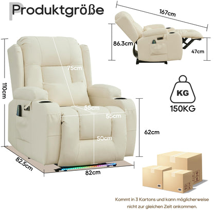 SITURAY Elektrischer Relaxsessel mit Massage, Wärme, Liegefunktion, LED, USB, Kunstleder, bis 150 kg, Fernsehsessel Beige fürs Wohnzimmer.