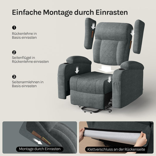 WOLTU Elektrischer Massagesessel mit Liegefunktion, Heizung, Aufstehhilfe, Fußstütze, Taschen, Becherhalter, USB-Port, Grau, Frottee.