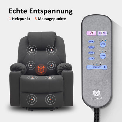 M MCombo Elektrischer Fernsehsessel mit Aufstehhilfe, Wärme- & Massagefunktion, Liege bis 140°, USB, Knopfsteuerung, Mikrofaser Grau.