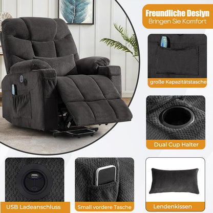YONISEE Elektrischer Massagesessel mit Aufstehhilfe, Heizung, Massage, USB/Typ-C, Getränkehalter, 4 Taschen, Relaxsessel für Wohnzimmer.