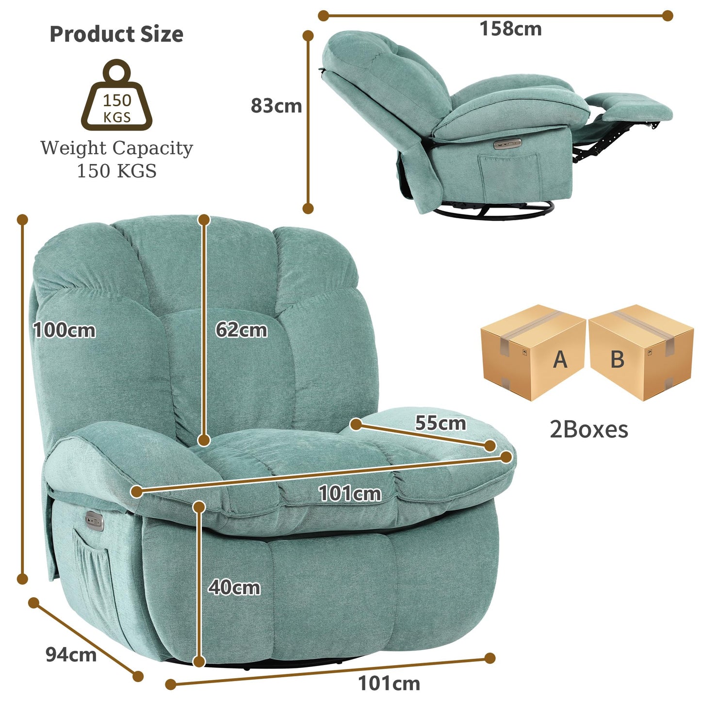 ALEAVIC Elektrischer Massagesessel mit Heizung, Vibration, Typ-C & USB, 1 Seitentasche, Liegefunktion, TV-Sessel für Wohnzimmer, Grün.