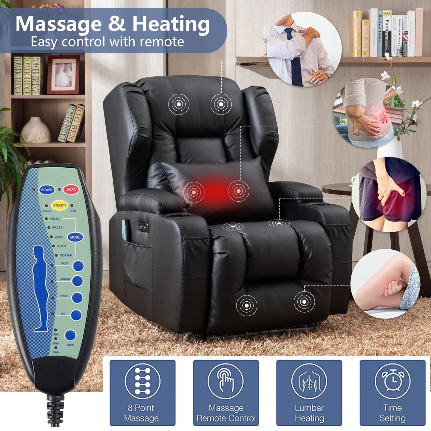 Oprisen Elektrischer Kunstleder-Relaxsessel mit Massage, Wärme, Liegefunktion, bis 150 kg, moderner schwarzer Fernsehsessel.
