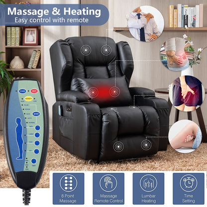 Oprisen Elektrischer Kunstleder-Relaxsessel mit Massage, Wärme, Liegefunktion, bis 150 kg, moderner schwarzer Fernsehsessel.