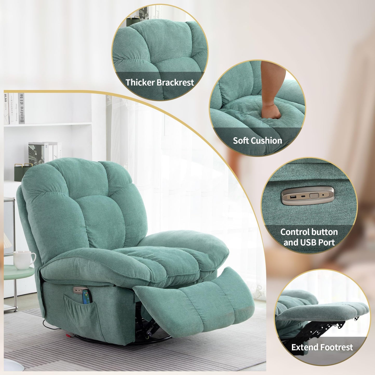 ALEAVIC Elektrischer Massagesessel mit Heizung, Vibration, Typ-C & USB, 1 Seitentasche, Liegefunktion, TV-Sessel für Wohnzimmer, Grün.